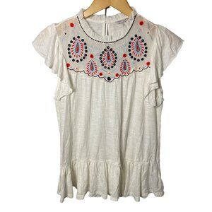Lucky Brand Embroidered Flutter Sleeve Bohemian Tunic Top Sz XS